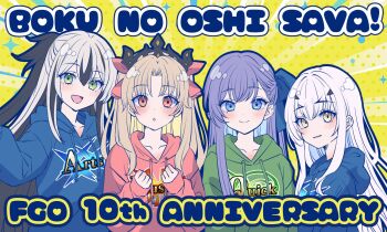 4girls arts_shirt black_hair blonde_hair blue_eyes blue_hoodie buster_shirt ereshkigal_(fate) fate/grand_order fate_(series) forked_eyebrows green_eyes green_hoodie grey_hair hood hoodie long_hair meltryllis_(fate) melusine_(fate) multicolored_hair multiple_girls nagao_kagetora_(fate) purple_hair quick_shirt red_eyes red_hoodie romaji_text smile tiara two-tone_hair uesugi_kenshin_(second_ascension)_(fate) white_hair yamuimo yellow_eyes