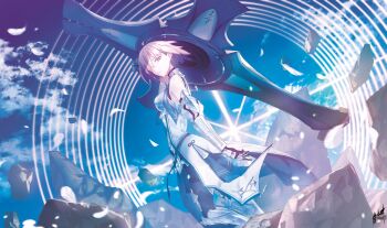 1girl absurdres ahoge armor armored_dress commentary_request debris dress fate/grand_order fate_(series) feathers from_side hair_over_one_eye highres holding holding_shield mash_kyrielight mash_kyrielight_(paladin) purple_eyes purple_hair reluvy shield twitter_username white_feathers wind