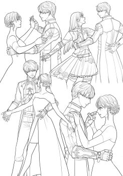 1boy 1girl arm_around_waist arm_behind_back armor armored_dress armored_gloves bare_shoulders breasts center_opening couple cowboy_shot dancing dress elbow_gloves feet_out_of_frame gloves greyscale hachicohhh hair_between_eyes hand_on_another&#039;s_waist hetero highres holding_hands interlocked_fingers lineart long_coat long_dress long_hair love_and_deepspace medium_breasts monochrome open_mouth protagonist_(love_and_deepspace) short_hair smile strapless strapless_dress updo upper_body white_background xavier_(love_and_deepspace)