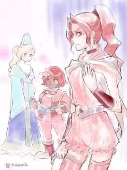 3girls closed_mouth final_fantasy final_fantasy_iv final_fantasy_iv:_the_after_years looking_at_viewer multiple_girls pink_hair porom simple_background thighhighs white_background