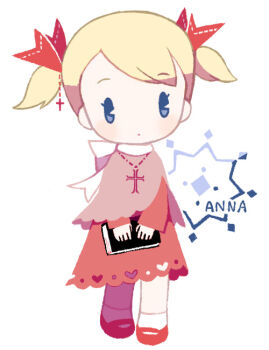 Rule 34 | 1girl, ana (mother), bible (object), blonde hair, blue eyes, book, character name, chibi, chibi only, closed mouth, cross, cross necklace, dot mouth, dress, full body, holding, holding book, jewelry, long sleeves, mary janes, mother (series), mother 1, necklace, nintendo, pac-man eyes, pink dress, red ribbon, red shoes, ribbon, shoes, short hair, simple background, solo, tanba (tanba-art), twintails, white background