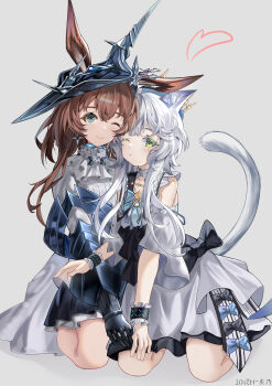2girls absurdres amiya_(arknights) amiya_(guard)_(arknights) amiya_(guard)_(in_a_myriad_of_universes)_(arknights) animal_ears arknights black_bow blue_bow blue_choker blue_eyes bow brown_hair cat_girl cat_tail chinese_commentary choker commentary_request ears_through_headwear expressionless green_eyes grey_background grey_hair heart highres infection_monitor_(arknights) multiple_girls official_alternate_costume one_eye_closed rabbit_ears rabbit_girl rh_huinai rosmontis_(an_airy_dream)_(arknights) rosmontis_(arknights) shirt simple_background tail white_shirt