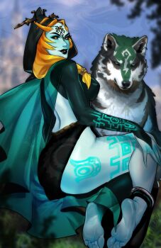 1girl animal backless_dress backless_outfit barefoot black_dress black_lips blue_skin bridal_gauntlets christine_spiegel colored_sclera colored_skin commentary dress english_commentary from_behind glowing glowing_tattoo green_eyes highres jewelry link lips long_hair looking_at_viewer midna midna_(true) nintendo orange_hair parted_lips red_eyes side_slit sitting soles tattoo the_legend_of_zelda the_legend_of_zelda:_twilight_princess thighs toes twitter_username veil wolf wolf_link yellow_sclera