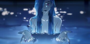 1girl arm_tattoo cloud_tattoo collarbone commentary english_commentary green_hair hair_over_one_eye highres i&#039;ll_teach_you_everything_(chainsaw_man) jinx_(league_of_legends) league_of_legends long_hair looking_at_viewer meme nude pink_eyes redriverrrr solo tattoo water