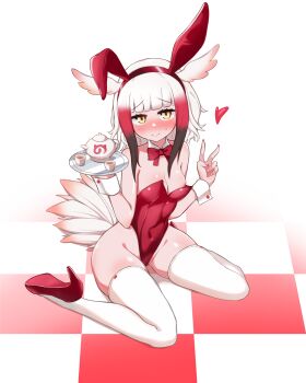 1girl absurdres animal_ears bare_hips bare_shoulders beroberobe bird_girl bird_tail black_hair blush bow bowtie closed_mouth collar detached_collar embarrassed eyelashes fake_animal_ears feathers female_focus hands_up head_wings high_heels highleg highleg_leotard highres japanese_crested_ibis_(kemono_friends) kemono_friends leotard looking_at_viewer medium_hair multicolored_hair nervous nervous_smile nipple_slip nipples petite playboy_bunny rabbit_ears red_bow red_bowtie red_hair red_leotard red_shoes shoes simple_background sitting smile solo strapless strapless_leotard tail thighhighs thighs two-tone_hair v wariza white_background white_collar white_feathers white_thighhighs wings wrist_cuffs yellow_eyes
