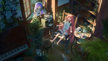 2girls absurdly_detailed_composition absurdres ahoge akoe_(akoe_1) analog_clock antique_phone apron arm_support barefoot black_bow black_collar black_dress book bookshelf bow chair clock closed_eyes collar commentary_request cup diagonal_bangs dress drooling evening eyebrows_hidden_by_hair fern flower frilled_apron frilled_collar frilled_dress frills from_above globe hair_spread_out highres indoors instrument letter loaded_interior long_hair looking_at_another looking_inside looking_through_window maid maid_headdress mouth_drool multiple_girls on_chair open_mouth original pencil phone piano picture_frame pile_of_books pink_hair plant plate potted_plant purple_eyes purple_hair radio raised_inner_eyebrows rotary_phone scenery short_sleeves sitting sitting_on_lap sitting_on_person sleeping sleeping_upright smile standing straight_hair sunlight table upright_piano very_long_hair white_apron white_flower yarn yarn_ball