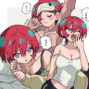 1girl amate_yuzuriha aqua_eyes blush breasts cleavage closed_eyes closed_mouth commentary emya26 gundam gundam_gquuuuuux holding long_sleeves looking_at_viewer lying off_shoulder open_clothes open_mouth pajamas pillow pink_pajamas red_hair shirt short_hair speech_bubble strap_slip tank_top translated