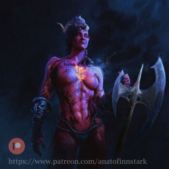 1girl abs anato_finnstark axe baldur's_gate baldur's_gate_3 battle_axe black_nails breasts colored_skin commentary demon_girl demon_horns dungeons_&amp;_dragons dungeons_&amp;_dragons english_commentary fog gauntlets glowing glowing_eyes highres horns karlach muscular muscular_female patreon_logo patreon_username pointy_ears red_skin small_breasts solo stomach_tattoo tattoo toned topless_female watermark weapon web_address yellow_eyes