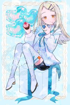 1girl :p black_shorts blonde_hair blue_ribbon boots border box character_name cherry collared_shirt colored_eyelashes commentary_request cupcake dated flipped_hair food food_on_face fruit full_body gakuen_idolmaster gift gift_box hair_ornament hairclip hajime_(idolmaster) hand_up heart high_heel_boots high_heels highres holding holding_food idolmaster jacket light_blush long_hair looking_at_viewer neck_ribbon on_box orange_eyes ornate_border outside_border parallel_hairclips parted_bangs puffy_sleeves ribbon sakiyu shinosawa_hiro shirt shorts sitting solo thigh_boots tongue tongue_out twitter_username white_boots white_jacket white_shirt