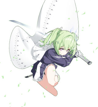 1girl absurdres cape closed_mouth fakeseal2 falling_petals floating_cape full_body gloves green_hair grey_shirt hair_ornament highres holding holding_sword holding_weapon long_sleeves looking_at_viewer medium_hair miniskirt petals purple_eyes serious shirt simple_background skirt solo stellive sword twintails v-shaped_eyebrows virtual_youtuber weapon white_background white_cape white_gloves yuzuha_riko