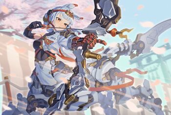 Rule 34 | 1girl, aiming, animal ears, archery, arrow (projectile), black gloves, black shirt, blunt bangs, bow (weapon), breasts, centaur, cherry blossoms, chinese zodiac, closed mouth, commentary request, cyborg, day, elbow gloves, falling petals, gloves, hatiue (hachi), headband, holding, holding arrow, horse ears, horseshoe ornament, igote, long hair, mecha musume, mechanical arms, mechanical legs, mechanical tail, medium breasts, multiple legs, orange eyes, original, outdoors, pelvic curtain, petals, ponytail, red headband, running, shirt, sidelocks, single bare shoulder, single elbow glove, single mechanical arm, sleeveless, sleeveless shirt, solo, tail, taur, thick eyebrows, torii, weapon, white hair, year of the horse