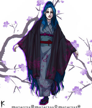 1girl alternate_costume artist_name belt blue_hair bow branch ear_piercing face_piercing floral_background floral_print grey_kimono hand_tattoo highres japanese_clothes jinx_(league_of_legends) kimono koiarts league_of_legends long_hair looking_at_viewer mouth_piercing piercing red_bow red_eyes red_lips sandals socks solo tattoo twitter_logo very_long_hair white_background wide_sleeves