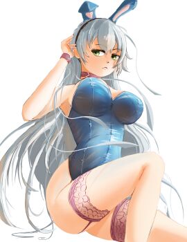 1girl absurdres animal_ear_hairband animal_ears ao_no_kiseki blue_leotard breasts commentary double-parted_bangs eiyuu_densetsu elie_macdowell english_commentary fake_animal_ears green_eyes hair_between_eyes hairband highleg highleg_leotard highres lace lace_thigh_strap large_breasts leotard long_hair playboy_bunny r_thors rabbit_ear_hairband rabbit_ears simple_background sleeveless solo thighs upper_body very_long_hair white_background white_hair zero_no_kiseki