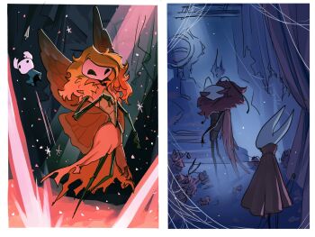 032_0032 1boy 1other 2girls abstract_background antennae arthropod_boy arthropod_girl arthropod_limbs asymmetrical_hair black_background black_skin blonde_hair blue_background blue_cloak border bug butterfly butterfly_wings cape cloak collared_dress colored_skin commentary confetti curtains dress dried_flower facing_away falling_star floating floating_object floating_weapon flower frown hair_over_shoulder highres holding holding_weapon hollow_eyes hollow_knight hollow_knight:_silksong horned_mask hornet_(hollow_knight) insect insect_wings jumping knight_(hollow_knight) light_rays long_hair looking_at_another looking_to_the_side marissa_(hollow_knight) mask mini_person multiple_girls nail_(hollow_knight) orange_wings pin_(hollow_knight) pink_flower red_cape red_cloak red_dress red_eyes red_fur red_light shadow silk smile sparkle spider_web split_screen star_(symbol) symbol-only_commentary trobbio_(hollow_knight) weapon white_border white_mask wings