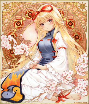 Rule 34 | 1girl, barefoot, blonde hair, blue tabard, bow, breasts, character name, cherry blossoms, closed mouth, commentary request, dress, falling petals, flower, frilled dress, frilled sleeves, frills, hair bow, hair ribbon, large breasts, long hair, looking at viewer, marker (medium), petals, pink flower, pink petals, purple eyes, red bow, red ribbon, ribbon, s.mamiya, sitting, solo, tabard, toes, touhou, traditional media, very long hair, watermark, white dress, yakumo yukari