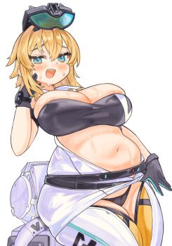 1girl artist_request belly belt black_gloves black_panties black_tube_top blonde_hair blue_eyes blush breasts cleavage clothing_cutout commission crop_top crotch_cutout gloves goddess_of_victory:_nikke goggles goggles_on_head hand_to_own_mouth large_breasts maxwell_(nikke) muffin_top navel open_mouth panties pants plump short_hair solo standing strapless sweat tube_top underwear white_background white_pants zeromii