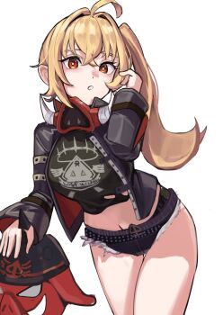1girl :o ahoge black_jacket black_shirt blonde_hair boar crop_top fur-trimmed_shorts fur_trim hair_between_eyes highres jacket long_hair looking_at_viewer luciana_de_montefio lucy&#039;s_crew_(zenless_zone_zero) mask mask_around_neck micro_shorts red_eyes shirt shorts side_ponytail simple_background solokitsune spiked_jacket zenless_zone_zero