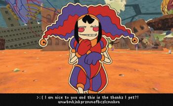 1girl 3d_background ^_^ abandinthesand abstract_background asymmetrical_gloves blue_gloves blue_hat blue_shirt blue_shorts blush_stickers buttons closed_eyes collared_shirt cowboy_shot crazy crazy_smile ena:_dream_bbq ena_(series) english_text eyelashes gloves grin hand_on_own_chin hat hat_bell jester_cap mismatched_gloves outline parody pomni_(the_amazing_digital_circus) puffy_short_sleeves puffy_shorts puffy_sleeves red_gloves red_hat red_shirt red_shorts shirt short_sleeves shorts smile solo split-color_clothes straight-on striped_clothes striped_shirt striped_shorts the_amazing_digital_circus two-tone_hat two-tone_shirt two-tone_shorts vertical-striped_clothes vertical-striped_shirt vertical-striped_shorts white_outline