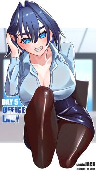 1girl blue_eyes blue_hair blush breasts cleavage collared_shirt hair_intakes highres hololive hololive_english knight_of_jack long_sleeves looking_at_viewer office_lady ouro_kronii pantyhose pencil_skirt shirt short_hair skirt smile solo virtual_youtuber