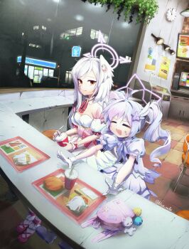 2girls bandaid bandaid_on_face blue_archive blue_rola burger closed_eyes commentary convenience_store cup disposable_cup drinking_straw fast_food food food_wrapper french_fries halo highres magical_girl multiple_girls night official_alternate_costume reisa_(blue_archive) reisa_(magical)_(blue_archive) restaurant shop suzumi_(blue_archive) suzumi_(magical)_(blue_archive) symbol-only_commentary