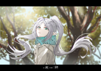 1girl absurdres alternate_costume elf frieren green_eyes highres jacket long_hair outdoors pointy_ears scarf sousou_no_frieren tongyu tree white_hair