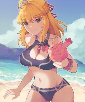 1girl antenna_hair bare_shoulders beach bikini blue_sky breasts chomo_(engawaparty) cleavage cleavage_cutout closed_mouth clothing_cutout cloud collarbone commentary_request eyelashes fiora_(xenoblade) green_eyes hair_between_eyes highres long_hair looking_at_viewer navel ocean sky solo standing summer swimsuit xenoblade_chronicles_(series) xenoblade_chronicles_1