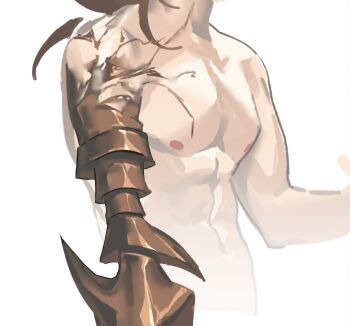 1boy abs absurdres arthropod_limbs bare_pectorals bare_shoulders brown_hair close-up collarbone completely_nude gregor_(project_moon) hand_up head_out_of_frame highres jing84672940 limbus_company long_hair low_ponytail male_focus muscular muscular_male navel nipples nude open_hand out-of-frame_censoring out_of_frame pectorals photoshop_(medium) ponytail project_moon simple_background solo stomach toned toned_male topless_male upper_body veins white_background