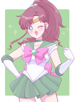 Rule 34 | 1girl, bishoujo senshi sailor moon, border, bow, breasts, brown hair, choker, cowboy shot, earrings, elbow gloves, gloves, green background, green eyes, green sailor collar, green skirt, hair bobbles, hair ornament, highres, jewelry, kino makoto, long hair, magical girl, one eye closed, ponytail, sailor collar, sailor jupiter, sailor senshi uniform, skirt, smile, white border, white gloves, yumeko (yumemexx)