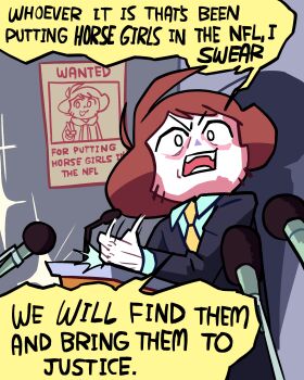 1boy :3 absurdres antenna_hair artist_self-insert artist_self-reference blue_jacket blue_shirt brown_hair camera_flash check_hairstyle clenched_hand commentary desk_slam drawstring english_commentary english_text formal_clothes gloves highres hood hoodie jacket medium_hair microphone motion_lines national_football_league necktie open_mouth original overlighting podium press_conference shenanigansen shirt shouting speech_bubble suit teeth triangle_nose umamusume upper_body upper_teeth_only v v-shaped_eyebrows wanted_poster white_eyes white_gloves yellow_necktie