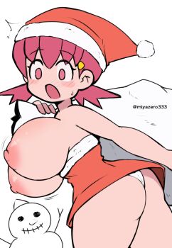 1girl ass blush blush_stickers bouncing_breasts breasts breasts_out christmas dress from_behind fur-trimmed_dress fur-trimmed_headwear fur_trim hair_ornament hairclip hat holding holding_sack huge_breasts looking_down low_twintails miyazero nintendo nipples open_mouth panties pink_eyes pink_hair pokemon pokemon_gsc pom_pom_(clothes) red_dress red_hat sack santa_costume santa_dress santa_hat short_hair snowman standing strapless strapless_dress surprised sweat thick_thighs thighs twintails underwear wardrobe_malfunction white_background white_panties whitney_(pokemon)