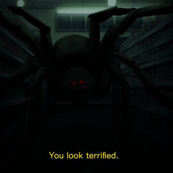 ? bug commentary convenience_store dark dim_lighting english_commentary english_text film_grain greta_(mikuneki) heavy_film_grain highres indoors looking_at_viewer mikuneki no_humans original oversized_bug oversized_spider red_eyes shop spider talking
