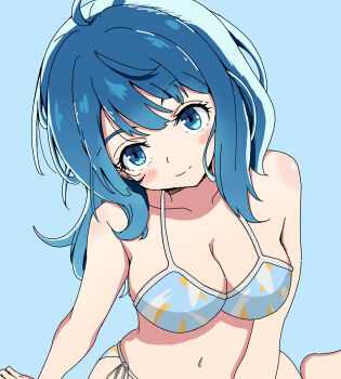 Rule 34 | 1girl, 3066115054, absurdres, arm at side, backlighting, bare shoulders, bikini, blue bikini, blue eyes, blue hair, blurry, blurry background, blush, breasts, cleavage, closed mouth, collarbone, commentary request, eyelashes, hair between eyes, highres, large breasts, looking at viewer, make heroine ga oo sugiru!, medium hair, navel, side-tie bikini bottom, simple background, skindentation, smile, solo, split mouth, straight hair, swimsuit, tareme, upper body, upturned eyes, yanami anna