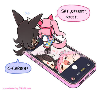 Rule 34 | > <, 2girls, animal ears, blue overalls, blush, bow, brown dress, brown hair, casual, cellphone, cellphone photo, chibi, chibi only, closed eyes, collared dress, commentary, dress, ear bow, ear covers, english commentary, english text, figures taking selfie (meme), flipped hair, hair over one eye, haru urara (casual) (umamusume), haru urara (umamusume), headband, heart, horse ears, horse girl, horse tail, long hair, long sleeves, meme, multiple girls, open mouth, overall shorts, overalls, phone, pink hair, pink headband, pink shirt, ponytail, red headband, rice shower (casual) (umamusume), rice shower (umamusume), selfie, shibedraws, shirt, short sleeves, smartphone, smile, speech bubble, standing on object, tail, umamusume