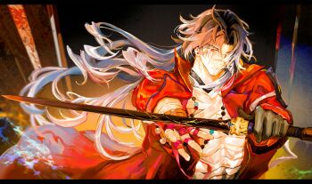 1boy ahoge bandaged_chest bead_necklace beads blade_(elation)_(honkai:_star_rail) blade_(honkai:_star_rail) blue_hair bracelet collar double-parted_bangs gloves gradient_hair hashtag-only_commentary highres holding holding_sword holding_weapon honkai:_star_rail honkai_(series) jacket jewelry long_hair multicolored_hair necklace open_clothes open_jacket red_eyes single_glove sword very_long_hair weapon xchunportfolio