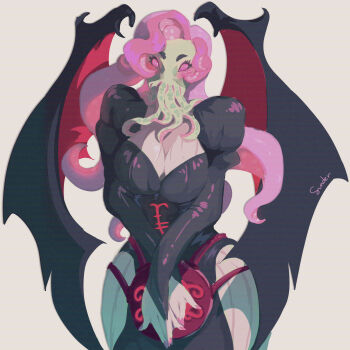 Rule 34 | 1girl, absurdres, black dress, breasts, cthulhu, cthulhu mythos, dress, highres, large breasts, ln'eta, long hair, monster girl, mouth with tentacles, pantyhose, pink eyes, pink hair, solo, squid girl, sucker for love, sucker for love: first date, sunder-art, tentacle hair, white pantyhose