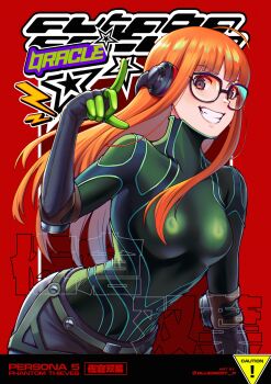 1girl absurdres blueriest blunt_bangs glasses green_shirt grin headphones highres leaning_forward long_hair looking_at_viewer no_goggles oracle_(persona_5) orange_hair persona persona_5 red_background sakura_futaba shirt simple_background smile solo