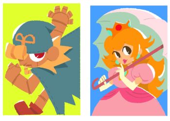 1boy 1girl 2023 blonde_hair blue_background blue_cape blue_headwear boots brooch brown_eyes cape clenched_hand commentary crown doll doll_joints dress earrings english_commentary geno_(mario) holding jewelry joints mario_(series) meekis nintendo outstretched_arm panels parasol pink_dress pink_lips princess_peach red_eyes running sideways_glance square_enix super_mario_rpg thick_lips umbrella upper_body yellow_background