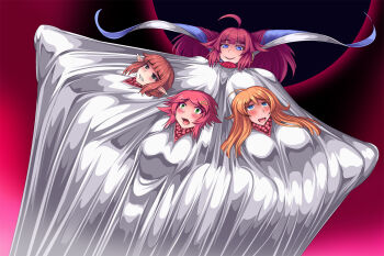 4girls blue_eyes blush cloak collared_cloak commentary_request femdom grabbed_by_tentacles hime_cut imminent_rape living_clothes multiple_girls mystical_high_collar original oyoufuku_akachan pink_hair shared_cape shared_clothes sirukucape tentacle_clothes tentacles trapped under_another's_clothes white_cloak witch yuri