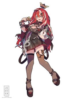 1girl :d black_dress bracelet breasts brown_thighhighs cleavage crown dress full_body hair_between_eyes high_heels highres holding jesternalagon jewelry large_breasts long_hair looking_at_viewer messy_hair multicolored_hair nail_polish open_mouth original red_hair sandals skirt smile solo standing streaked_hair teeth thighhighs upper_teeth_only very_long_hair white_background white_hair yellow_eyes