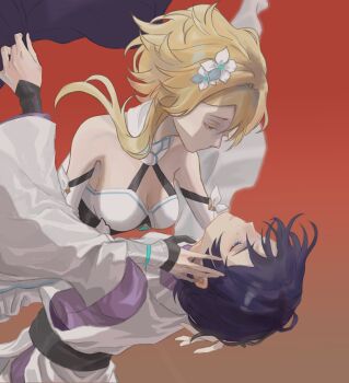 1boy 1girl absurdres arm_cutout armor bare_shoulders black_gloves black_sash blonde_hair blue_trim blunt_ends breasts brown_background cleavage closed_mouth clothing_cutout commentary detached_sleeves dress eyelashes facing_up flower genshin_impact gloves gradient_background grey_flower hair_flower hair_ornament half-closed_eyes halterneck hand_on_another's_face hand_on_another's_head highres holding japanese_armor japanese_clothes kariginu kimono kote kurokote layered_sleeves long_sleeves looking_at_another lumine_(genshin_impact) medium_breasts no_mouth outstretched_arm partially_fingerless_gloves purple_hair purple_kimono purple_sleeves red_background sanim12607849 sash scaramouche_(genshin_impact) scaramouche_(kabukimono)_(genshin_impact) scarf short_hair short_hair_with_long_locks side_cutout sidelocks smile symbol-only_commentary tears vambraces white_dress white_flower white_scarf white_sleeves wide_sleeves yellow_eyes