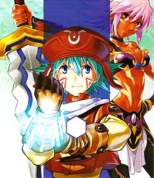 .hack// .hack//games armor bandai bare_shoulders black_rose_(.hack//) bra choker cyber_connect_2 highres kikuya_megane kite kite_(.hack//) lingerie loincloth midriff pantyhose pink_hair red_eyes scan short_hair sword underwear weapon