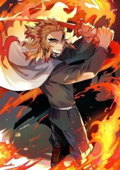 1boy belt black_jacket blonde_hair cape fire flame_print gakuran hair_tied hair_tied_back haori jacket japanese_clothes kadeart kimetsu_no_yaiba long_hair long_sleeves multicolored_hair red_eyes red_hair red_sword rengoku_kyoujurou school_uniform three-quarter_sleeves smile solo sword two-tone_hair unusual_pupils watermark weapon white_belt white_cape yellow_eyes
