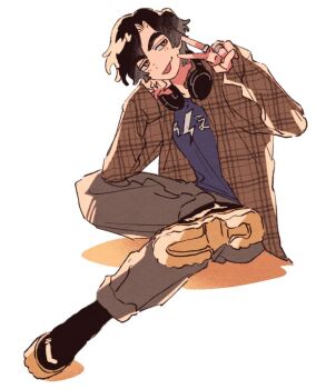 1boy :p animification black_hair black_shoes blue_shirt blush brown_jacket brown_pants closed_mouth clothes_writing cole_(ninjago) commentary_request flannel full_body haaa_om007ls head_tilt headphones headphones_around_neck jacket jewelry korean_commentary long_sleeves looking_at_viewer male_focus multiple_rings ninjago open_clothes open_jacket orange_eyes pants plaid_clothes plaid_jacket ring shirt shoes short_hair simple_background sitting smile sneakers solo t-shirt the_lego_group the_lego_ninjago_movie tongue tongue_out v white_background