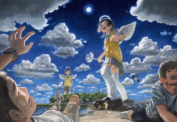 2girls 4boys absurdres angel angel_wings beach beard black_shoes blue_skirt blue_sky braid chinstrap_beard cloud colored_pencil_(medium) crocs facial_hair giant giantess glasses halo highres holding holding_wand multiple_boys multiple_girls nekojarashi_(yuuga) open_mouth original outdoors pleated_skirt round_eyewear running shoes short_sleeves skirt sky sun sweat sweater_vest thighhighs traditional_media twin_braids wand water white_thighhighs wings yellow_sweater_vest