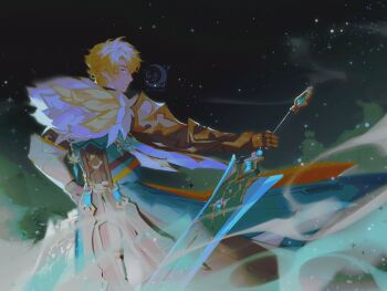 1boy aqua_coat aqua_eyes arm_up armor blonde_hair closed_mouth coat commentary english_commentary gauntlets genshin_impact highres holding holding_sword holding_weapon looking_back male_focus outstretched_arm parted_bangs sky smile solo star_(sky) starry_sky sword tran_(traannahh) varka_(genshin_impact) weapon