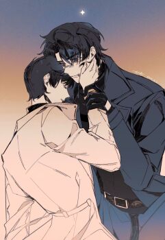 2boys belt black_coat black_eyes black_hair chin_rest closed_eyes coat commentary cowboy_shot curtained_hair english_commentary hand_on_another&#039;s_face hand_on_another&#039;s_wrist head_on_head head_rest highres kim_dokja looking_at_another male_focus multiple_boys omniscient_reader&#039;s_viewpoint open_clothes open_coat short_hair sparkle twle yellow_coat yoo_joonghyuk