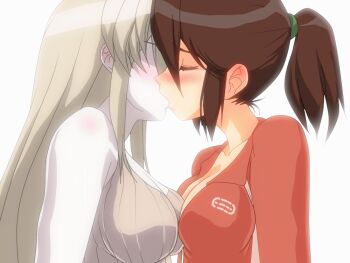 00s 2girls animated animated_gif bare_shoulders blush breast_press breasts brown_hair cleavage closed_eyes couple derivative_work groping hangaku jacket kiss large_breasts left_4_dead left_4_dead_1 long_hair multiple_girls no_eyes pale_skin ponytail shirt short_hair sidelocks silver_hair witch_(left4dead) yuri zoey_(left4dead)
