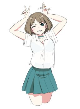 1girl alternate_costume blue_eyes brown_hair cigarette collared_shirt cowboy_shot cropped_legs double_v dress_shirt green_skirt grin holding holding_cigarette kantai_collection maya_(kancolle) parted_lips pleated_skirt shirt short_hair skirt smile solo tamu_(mad_works) v white_shirt