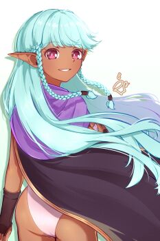 Rule 34 | 1girl, aqua hair, ass, black cape, black gloves, braid, candalahina, cape, capelet, commentary, dark-skinned female, dark elf, dark skin, elf, fingerless gloves, floating hair, from behind, gloves, grin, highres, leotard, long hair, looking at viewer, pointy ears, purple capelet, red eyes, rosalinde (unicorn overlord), simple background, smile, solo, twin braids, unicorn overlord, white background, white leotard