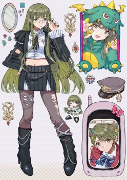 1girl absurdres black_jacket black_skirt blue_gem cellphone character_request chibi chibi_inset claw_pose copyright_request dinosaur_costume fingernails flip_phone gem glasses green_hair grey_thighhighs hand_up hands_up hat highres jacket jewelry long_hair long_sleeves looking_at_viewer looking_to_the_side midriff miniskirt mirror mou_(piooooon) multiple_views open_mouth peaked_cap phone red_gemstone shirt sidelocks skirt smile thighhighs torn_clothes torn_thighhighs unworn_jewelry white_background white_shirt wispy_bangs yellow_eyes